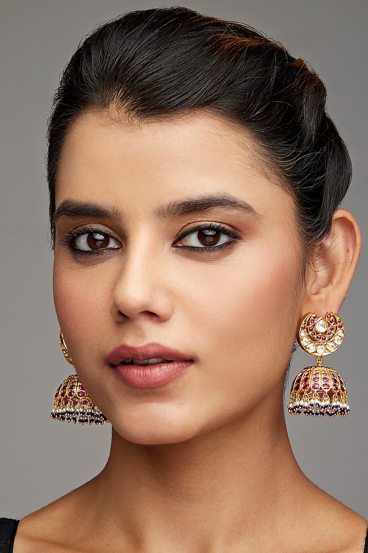 Gold Finish Jhumka Earrings In Sterling Silver by Rohira Jaipur at Pernia's Pop Up Shop