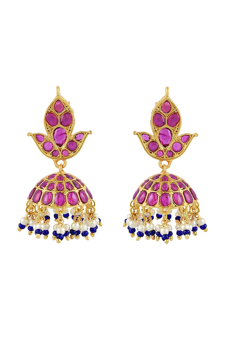 Gold Finish Paisley Jhumka Earrings In Sterling Silver by Rohira Jaipur