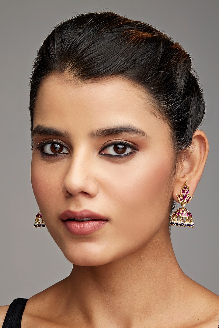 Gold Finish Paisley Jhumka Earrings In Sterling Silver by Rohira Jaipur at Pernia's Pop Up Shop