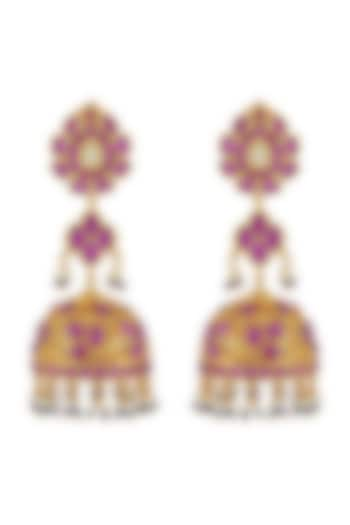 Gold Finish Pink Stone Long Jhumka Earrings In Sterling Silver by Rohira Jaipur