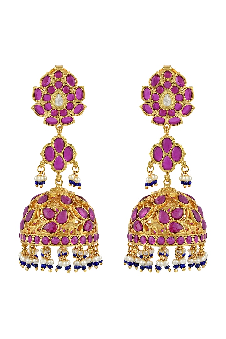 Gold Finish Pink Stone Long Jhumka Earrings In Sterling Silver by Rohira Jaipur