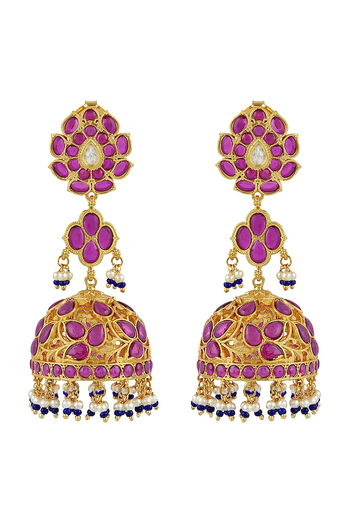 Gold Finish Pink Stone Long Jhumka Earrings In Sterling Silver by Rohira Jaipur at Pernia's Pop Up Shop