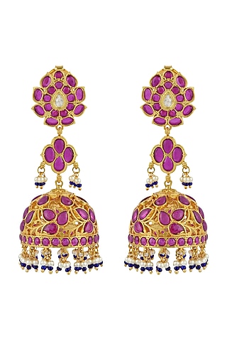 Gold Finish Pink Stone Long Jhumka Earrings In Sterling Silver by Rohira Jaipur