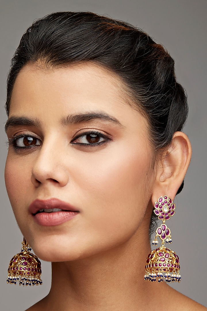 Gold Finish Pink Stone Long Jhumka Earrings In Sterling Silver by Rohira Jaipur at Pernia's Pop Up Shop