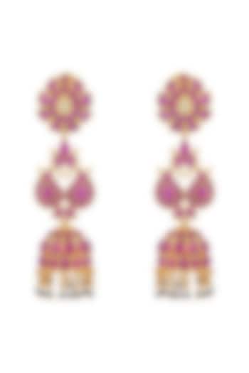 Gold Finish Pink Stone Jhumka Earrings In Sterling Silver by Rohira Jaipur