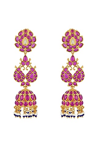 Gold Finish Pink Stone Jhumka Earrings In Sterling Silver by Rohira Jaipur