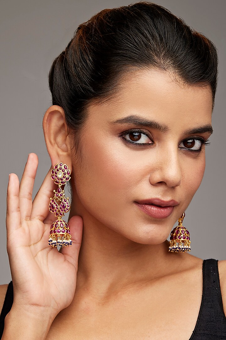 Gold Finish Pink Stone Jhumka Earrings In Sterling Silver by Rohira Jaipur at Pernia's Pop Up Shop