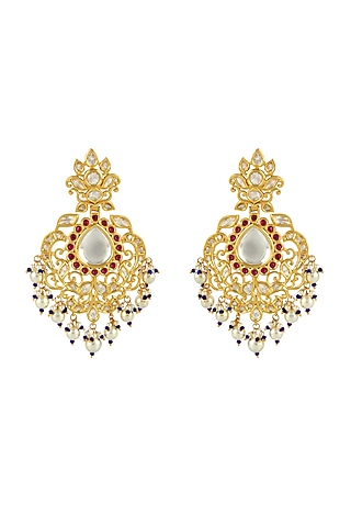 Gold Finish Pink Stone Earrings In Sterling Silver by Rohira Jaipur