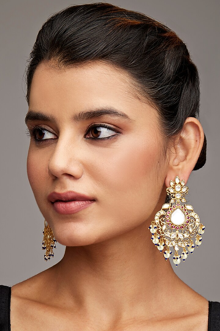 Gold Finish Pink Stone Earrings In Sterling Silver by Rohira Jaipur at Pernia's Pop Up Shop