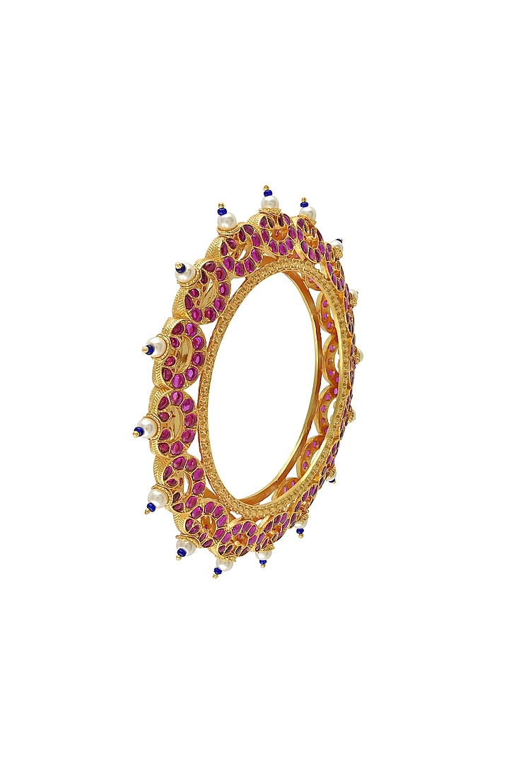 Gold Finish Pink Stone Bangle In Sterling Silver by Rohira Jaipur
