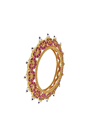 Gold Finish Pink Stone Bangle In Sterling Silver by Rohira Jaipur