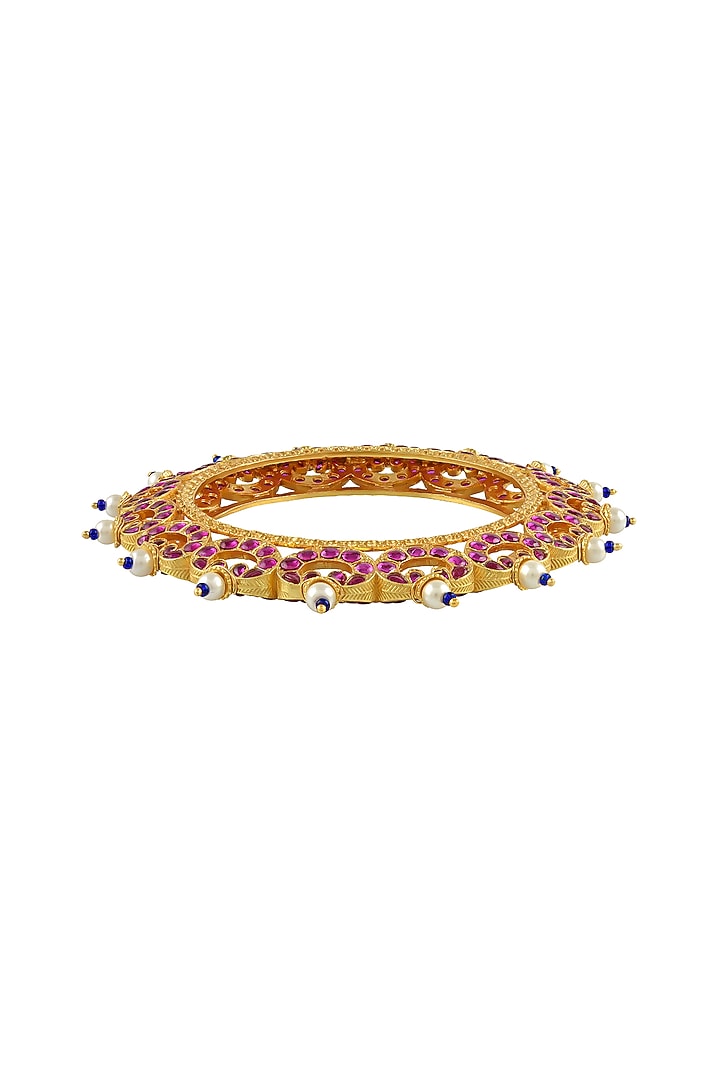 Gold Finish Pink Stone Bangle In Sterling Silver by Rohira Jaipur at Pernia's Pop Up Shop