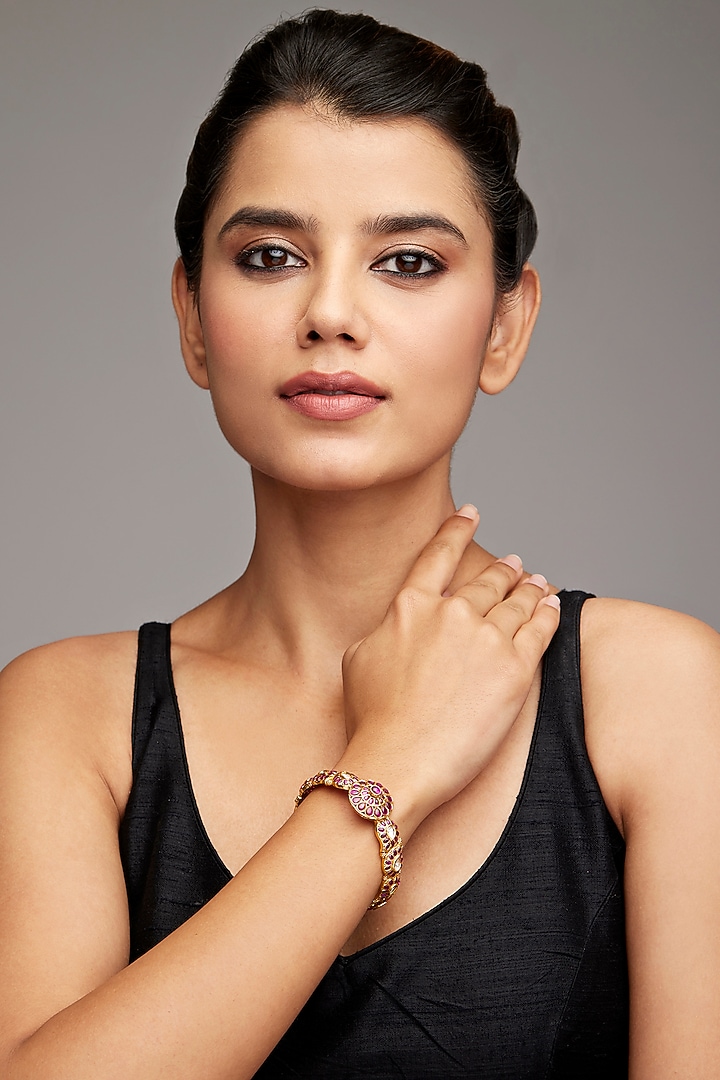 Gold Finish Floral Bangle In Sterling Silver by Rohira Jaipur at Pernia's Pop Up Shop