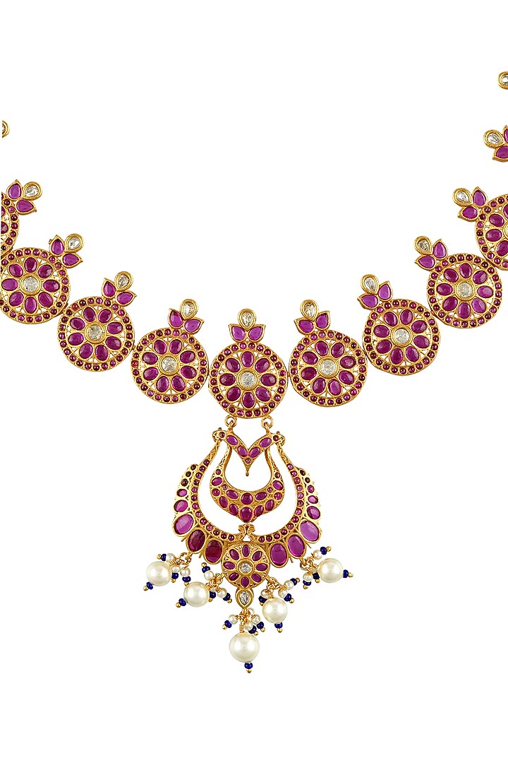 Gold Finish Pink Stone Choker Necklace In Sterling Silver by Rohira Jaipur at Pernia's Pop Up Shop
