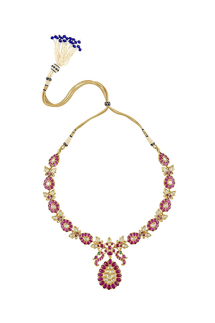 Gold Finish Pink Stone Motif Necklace In Sterling Silver by Rohira Jaipur