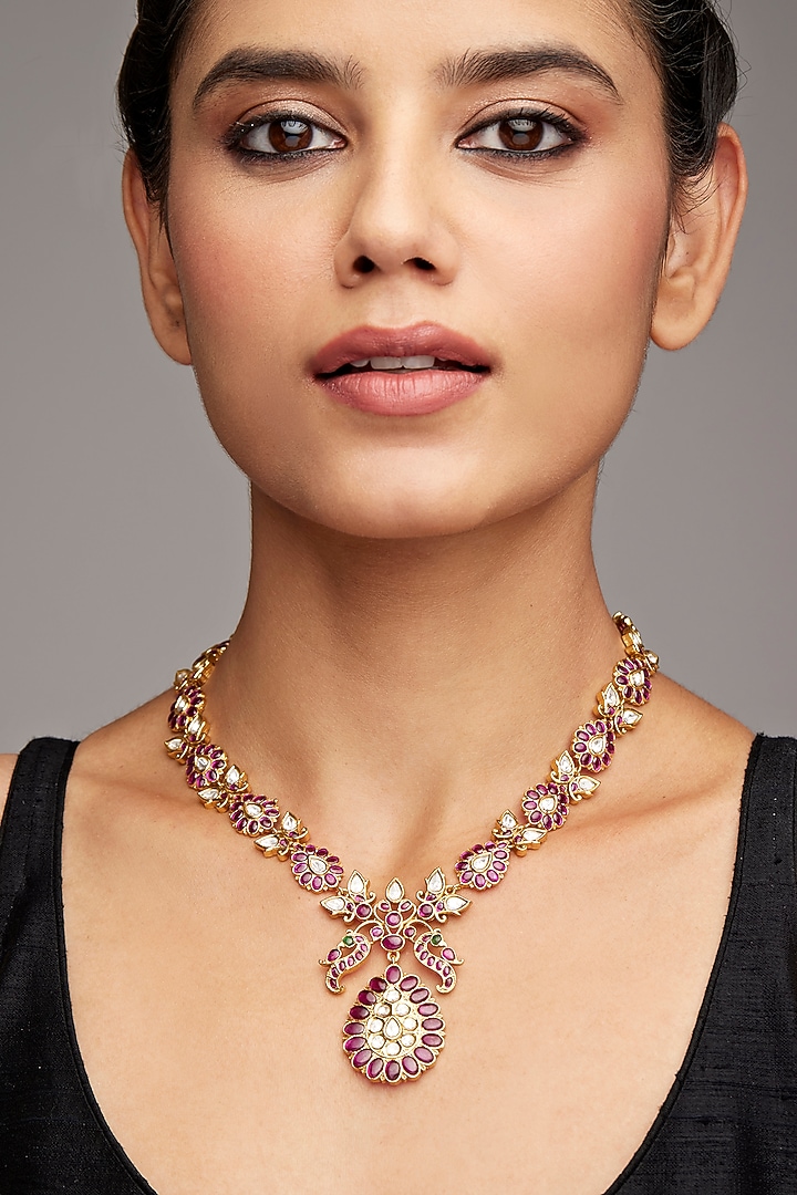 Gold Finish Pink Stone Motif Necklace In Sterling Silver by Rohira Jaipur at Pernia's Pop Up Shop