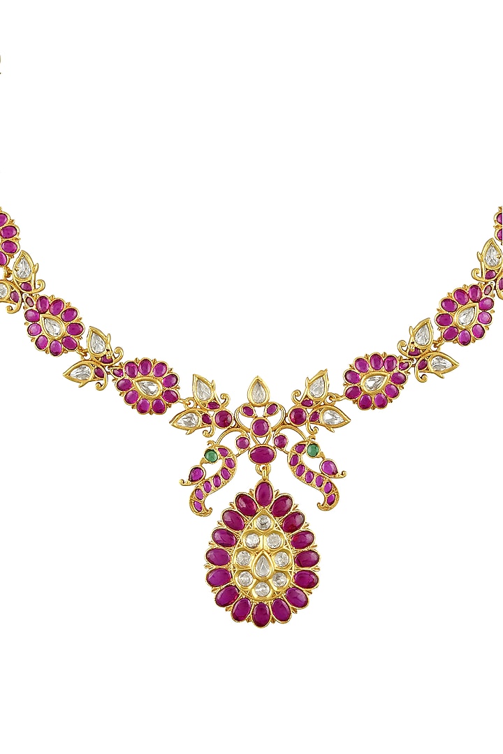 Gold Finish Pink Stone Motif Necklace In Sterling Silver by Rohira Jaipur at Pernia's Pop Up Shop