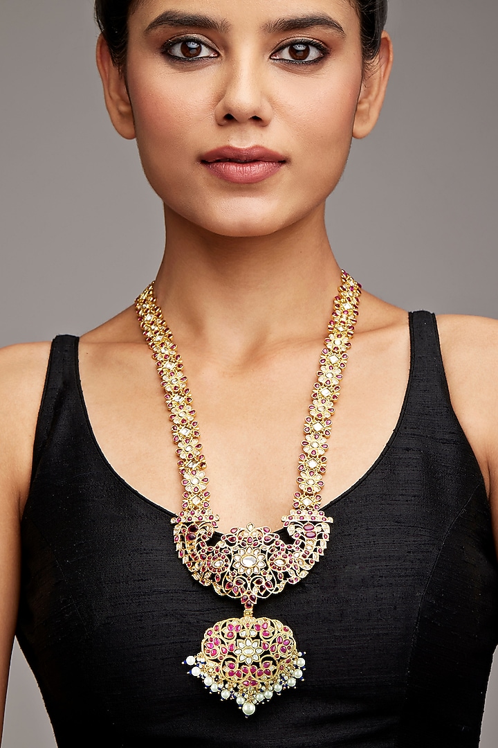 Gold Finish Pink Stone Necklace In Sterling Silver by Rohira Jaipur at Pernia's Pop Up Shop