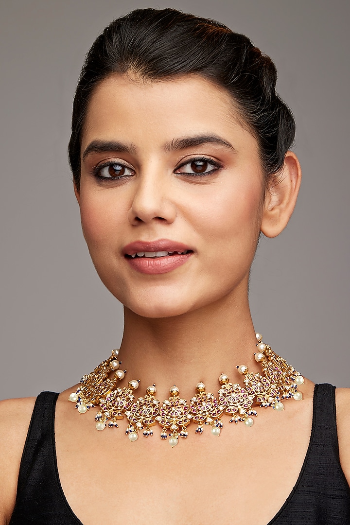 Gold Finish Lace Necklace In Sterling Silver by Rohira Jaipur at Pernia's Pop Up Shop