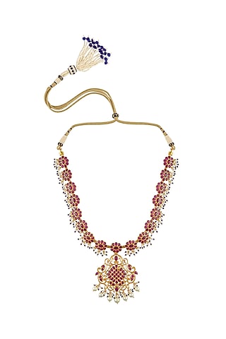 Gold Finish Pink Stone Necklace In Sterling Silver by Rohira Jaipur