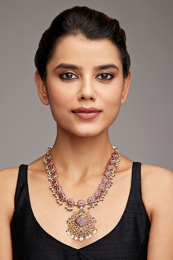 Gold Finish Pink Stone Necklace In Sterling Silver by Rohira Jaipur at Pernia's Pop Up Shop