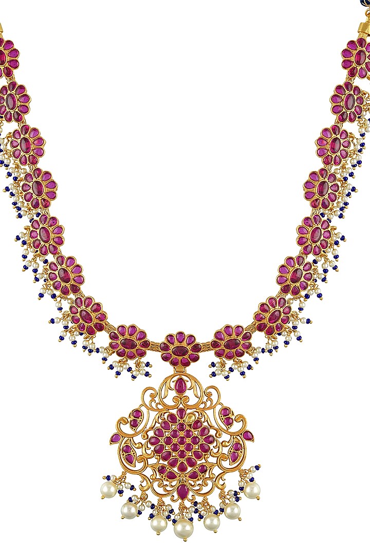 Gold Finish Pink Stone Necklace In Sterling Silver by Rohira Jaipur at Pernia's Pop Up Shop