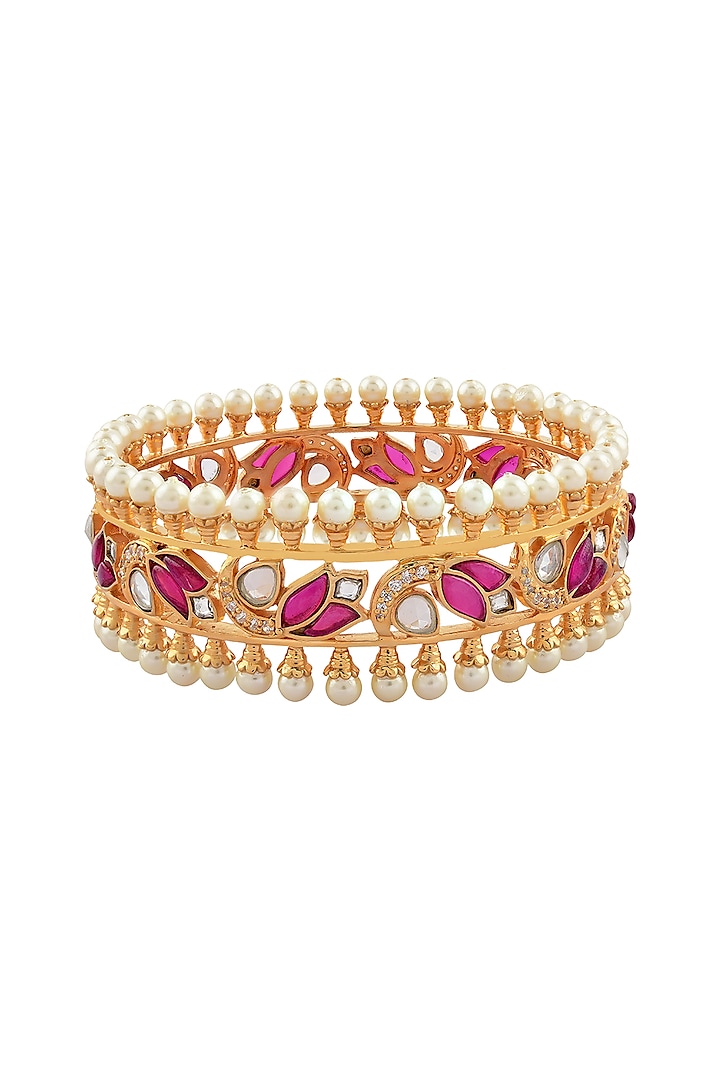 Gold Finish Pearl Mogra Bangle In Sterling Silver by Rohira Jaipur