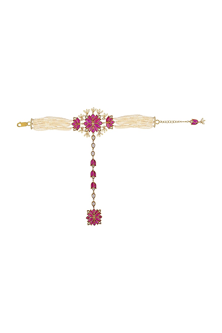 Gold Finish Pearl Hathphool In Sterling Silver by Rohira Jaipur at Pernia's Pop Up Shop