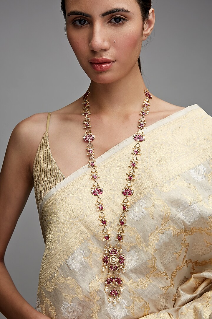 Gold Finish Long Pendant Necklace In Sterling Silver by Rohira Jaipur at Pernia's Pop Up Shop