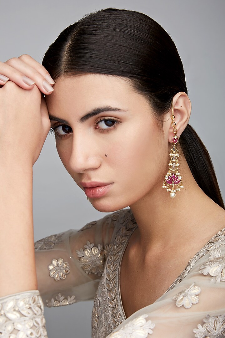 Gold Finish Mogra Long Earrings In Sterling Silver by Rohira Jaipur at Pernia's Pop Up Shop