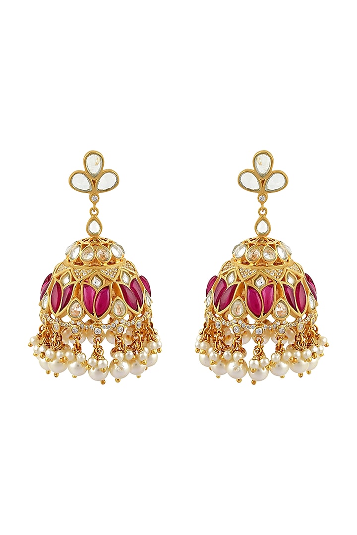 Gold Finish Mogra Jhumka Earrings In Sterling Silver by Rohira Jaipur