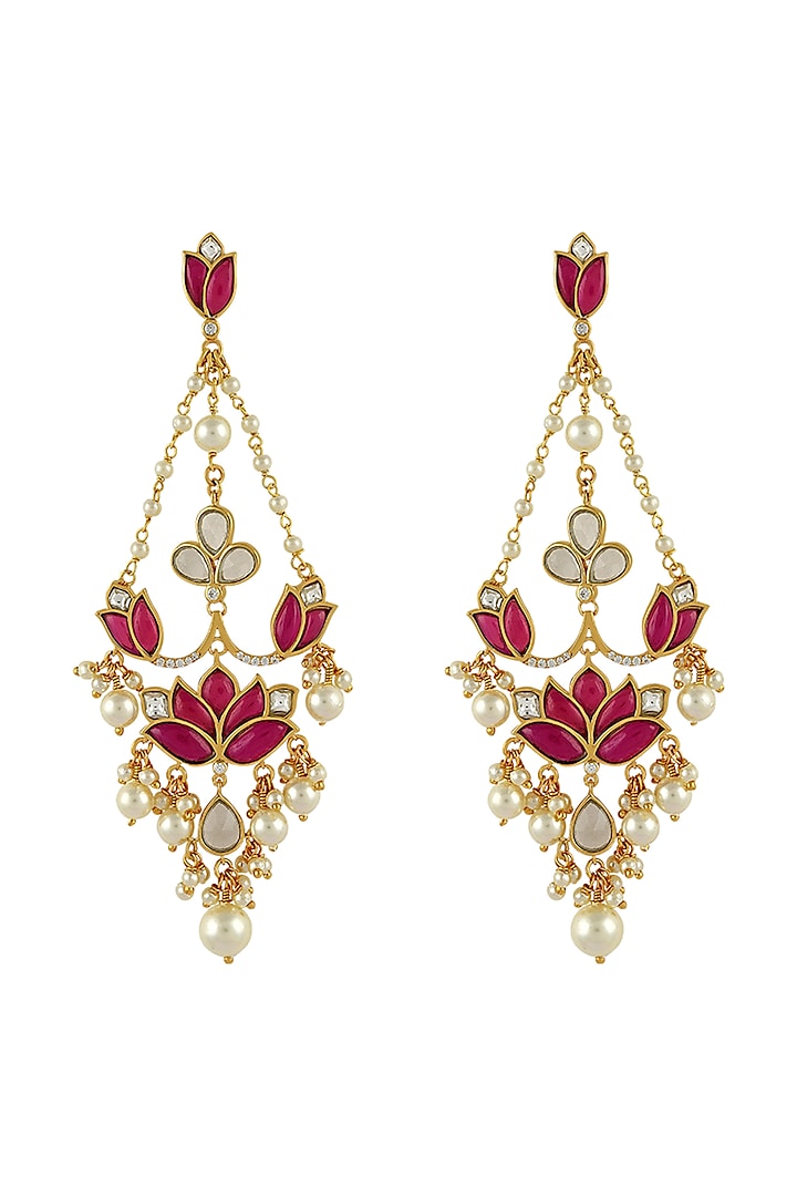 Gold Finish Pearl Mogra Long Earrings In Sterling Silver by Rohira Jaipur