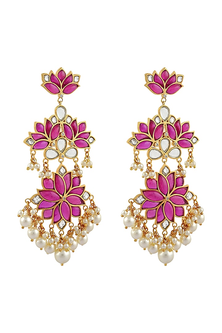 Gold Finish Magenta Stone Earrings In Sterling Silver by Rohira Jaipur