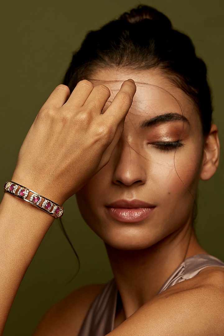 Gold Finish Statement Cuff Bracelet In Sterling Silver by Rohira Jaipur at Pernia's Pop Up Shop