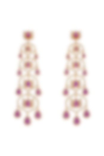Gold Finish Dark Pink Stone Chandelier Earrings In Sterling Silver by Rohira Jaipur