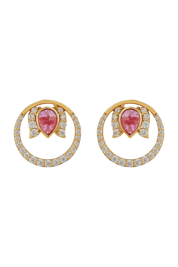 Gold Finish Diamond Round Stud Earrings In Sterling Silver by Rohira Jaipur