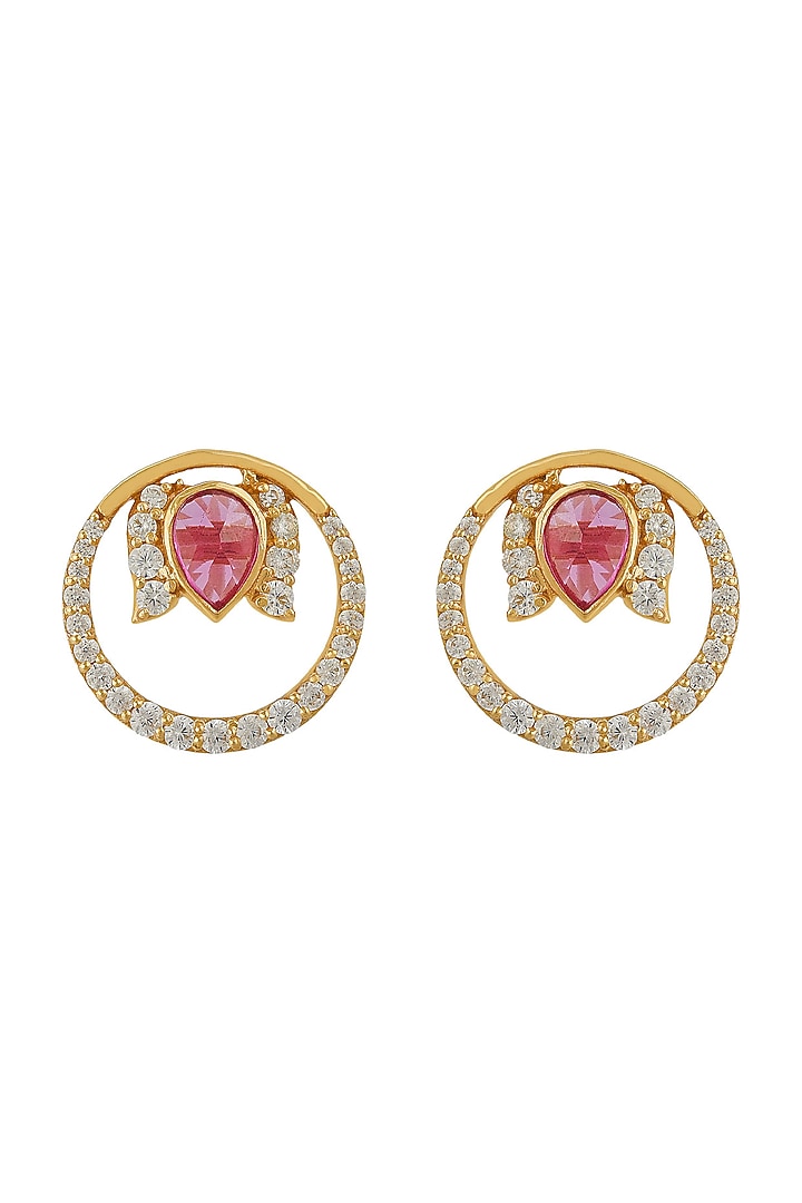 Gold Finish Diamond Round Stud Earrings In Sterling Silver by Rohira Jaipur at Pernia's Pop Up Shop