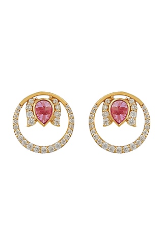 Gold Finish Diamond Round Stud Earrings In Sterling Silver by Rohira Jaipur