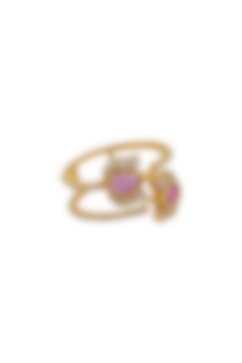 Gold Finish Diamond Double Band Ring In Sterling Silver by Rohira Jaipur