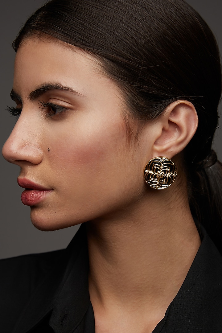Gold Finish Enameled Round Earrings In Sterling Silver by Rohira Jaipur at Pernia's Pop Up Shop