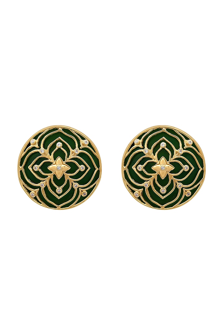 Gold Finish Green Velvet Enameled Earrings In Sterling Silver by Rohira Jaipur at Pernia's Pop Up Shop