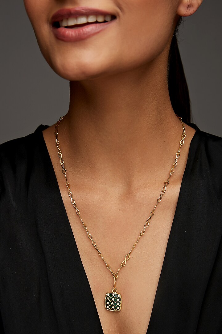 Gold Finish Green Velvet Enameled Enameled Necklace In Sterling Silver by Rohira Jaipur at Pernia's Pop Up Shop