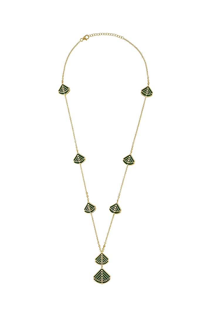 Gold Finish Green Velvet Enameled Long Necklace In Sterling Silver by Rohira Jaipur at Pernia's Pop Up Shop