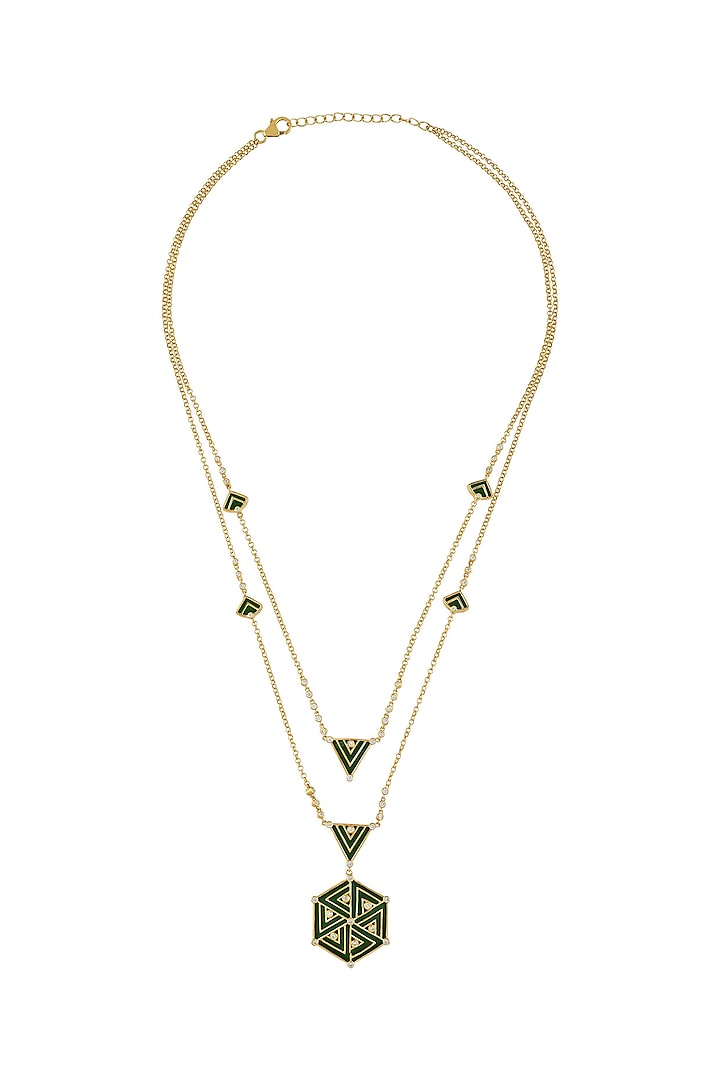Gold Finish Enameled & Zircon Layered Necklace In Sterling Silver by Rohira Jaipur