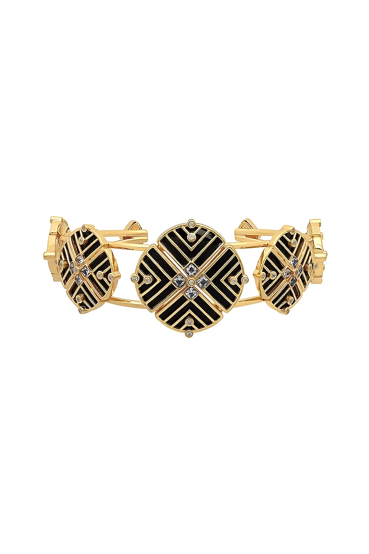 Gold Finish Enameled Floral Cuff Bracelet In Sterling Silver by Rohira Jaipur