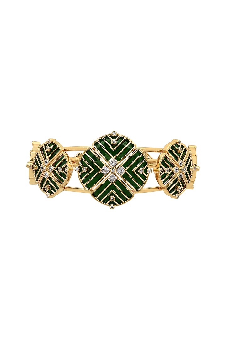 Gold Finish Zircon & Enameled Floral Cuff Bracelet In Sterling Silver by Rohira Jaipur