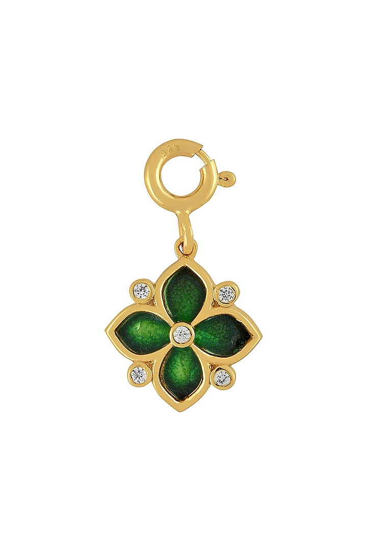 Gold Finish Enameled & Zircon Floral Charm In Sterling Silver by Rohira Jaipur