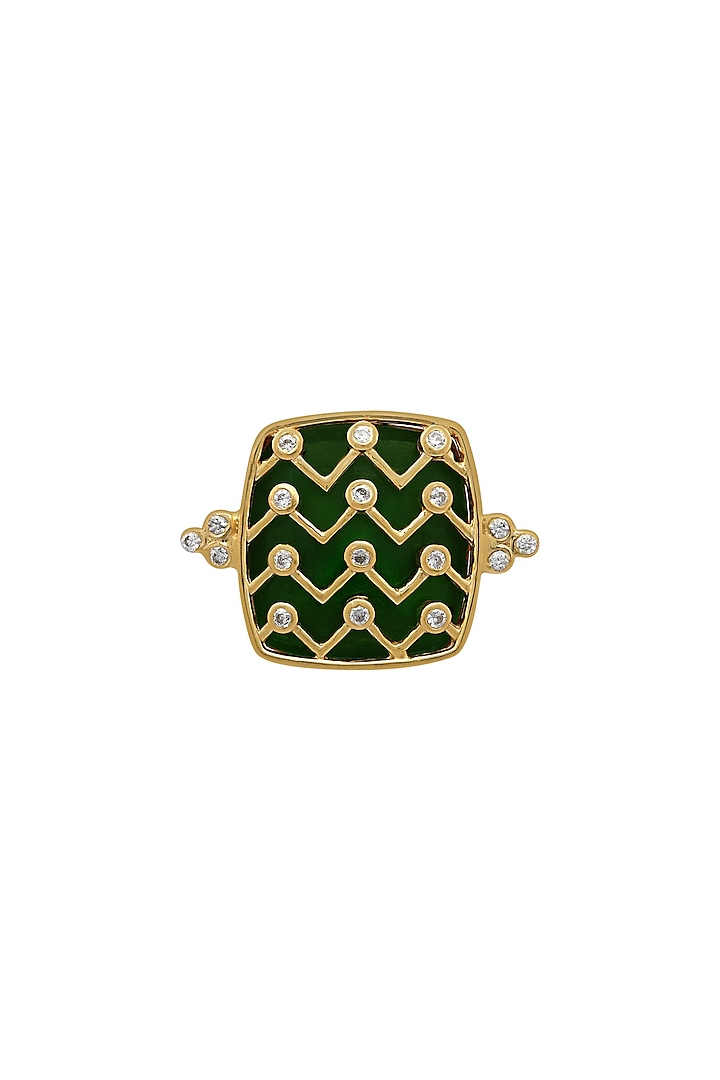 Gold Finish Enameled & Zircon Ring In Sterling Silver by Rohira Jaipur