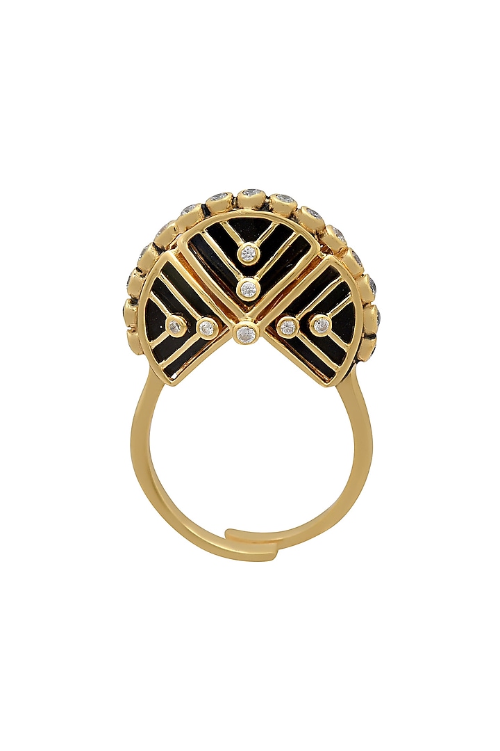 Gold Finish Black Zircon & Enameled Crown Ring In Sterling Silver by Rohira Jaipur