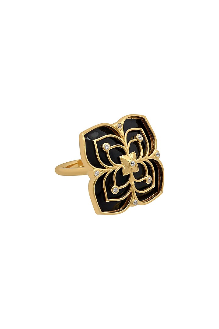 Gold Finish Zircon & Enameled Floral Ring In Sterling Silver by Rohira Jaipur